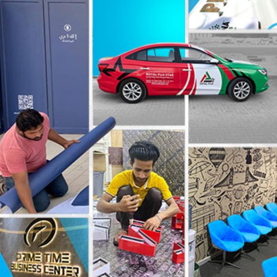 Bayan Branding technician applying a full vehicle wrap to a commercial van in Dubai