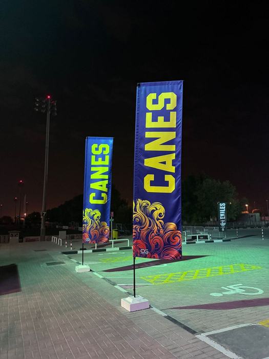 Canes feather flags at night