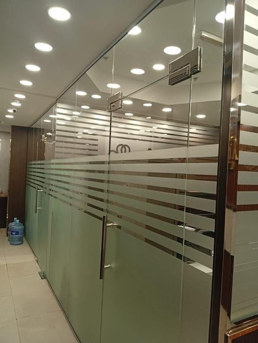 Frosted stripe glass film on an office door and partition