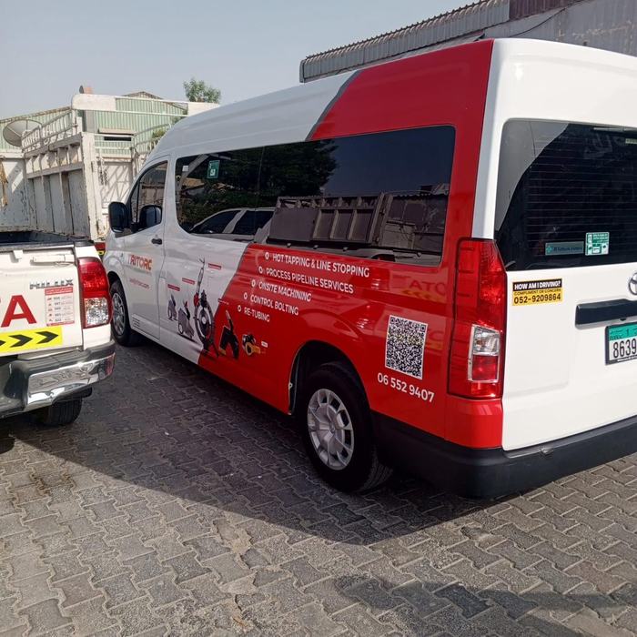 Toyota Hiace van rear branding in red and white