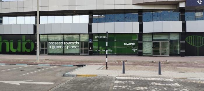 Hub building facade glass graphics