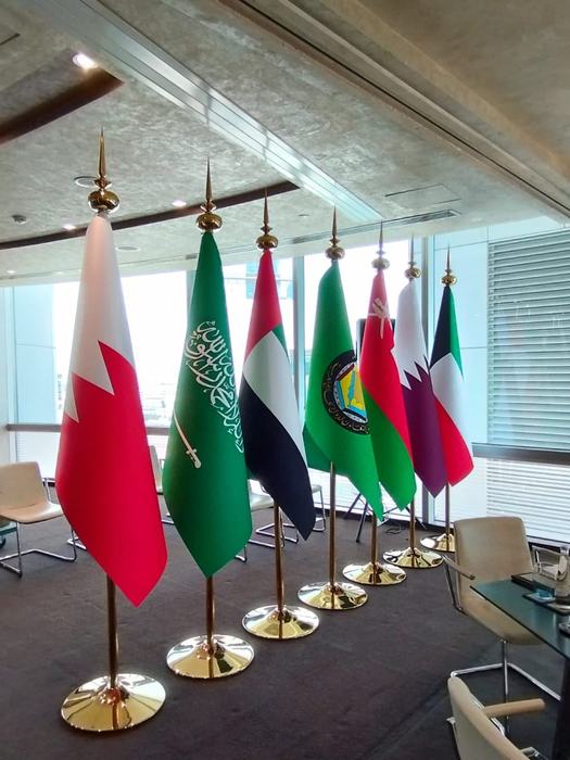 Indoor flags on gold poles for an official meeting