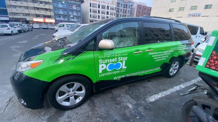 Sunset Star pool and landscape minivan branding