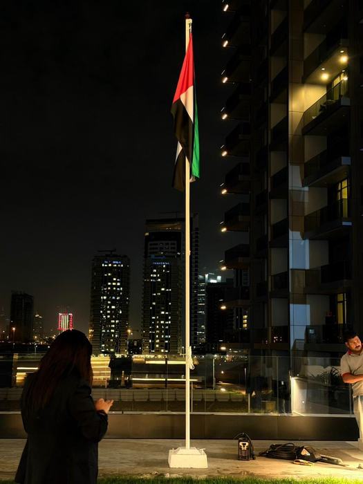 UAE flag on a flagpole at night