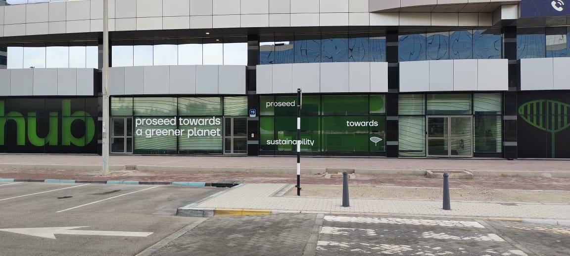 Hub building facade glass graphics