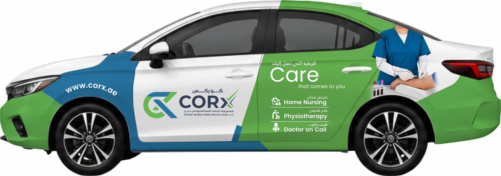 CORX home care sedan wrap in Dubai