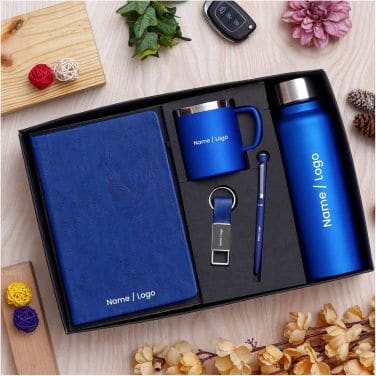 Branded corporate gift set with notebook, bottle and mug